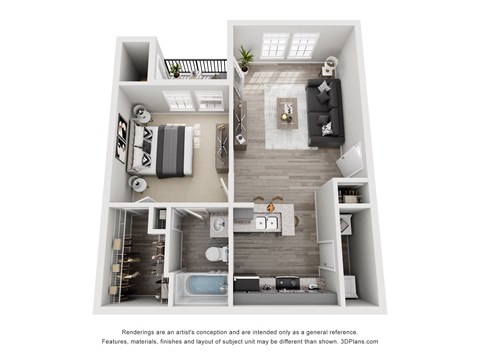 Floor plan for 1 bed, 1 bath, 636 sqft